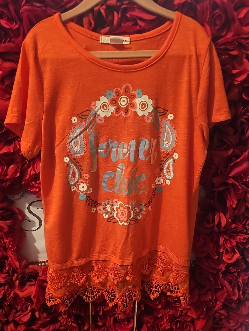Self Esteem Girls Orange Tee with Floral Graphic Lace Trim Size Large